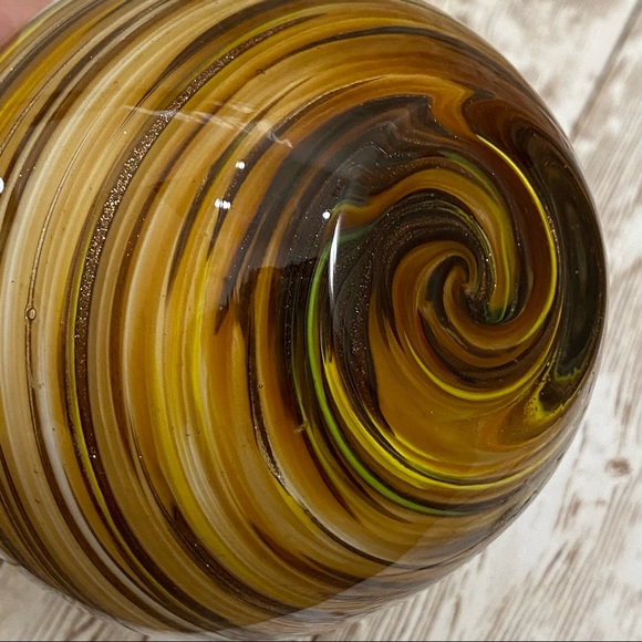 Murano Style Handblown Art Glass Swirl Gold/Brown Globe Candle Holder 3.5” Vase - Picture 12 of 14